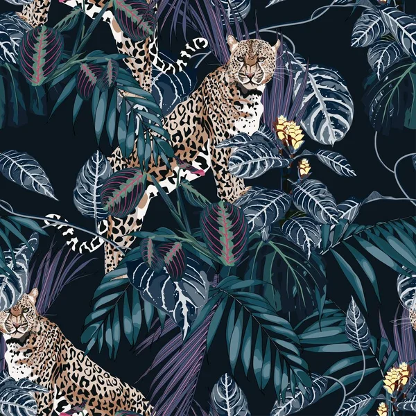 Красочный Цветочный Узор Изображением Тигрового Леопарда Экзотических Тропических Листьев Мода — стоковый вектор