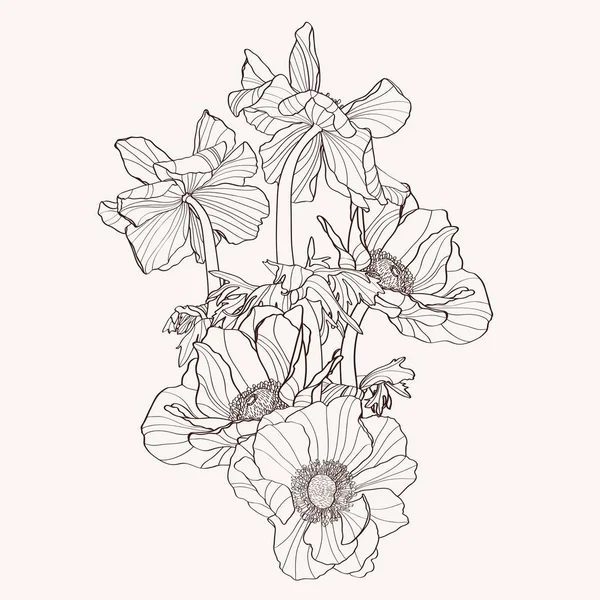 Hand Drawn Summer Vintage Beige Bouquet Rustic Anemones Line Art — 图库矢量图片