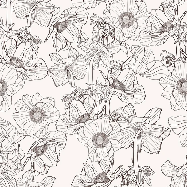 Elegant Seamless Pattern Hand Drawn Line Anemone Flowers Floral Pattern — ストックベクタ