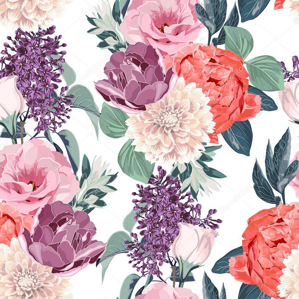 Floral Seamless Pattern with pink eustoma, tulips, anemones, spring flowers and leaves. Spring Blooming Flowers Background.
