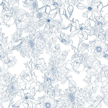Seamless pattern. Beautiful fabric blooming realistic line flowers. Vintage background. Dahlia, roses, Anemones, wildflowers. Darck blue backdrop.