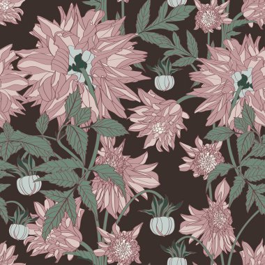Seamless pattern of vintage Dahlia flowers, buds and leaves. 