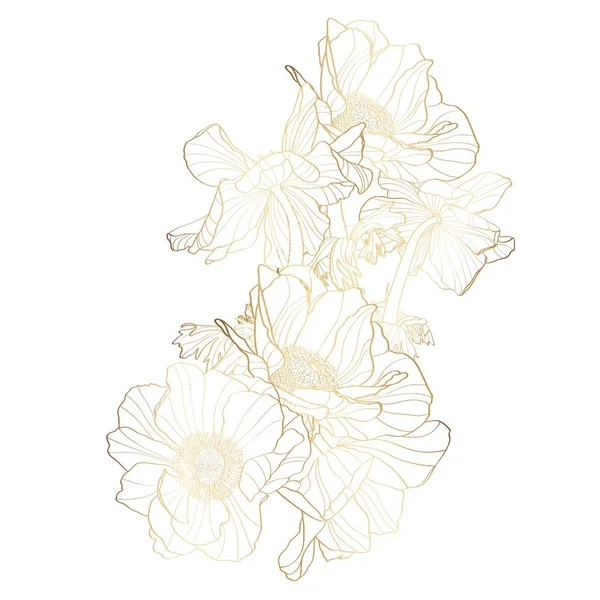 Hand Drawn Summer Golden Set Rustic Anemones Flowers Leaves Buds — Stok Vektör