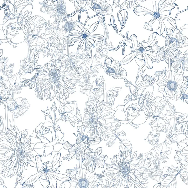 Seamless Pattern Beautiful Fabric Blooming Realistic Line Flowers Vintage Background — Stok Vektör