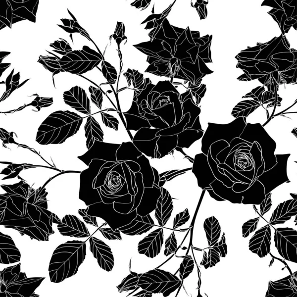 Elegant Seamless Pattern Hand Drawn Line Roses Flowers Floral Pattern — ストックベクタ