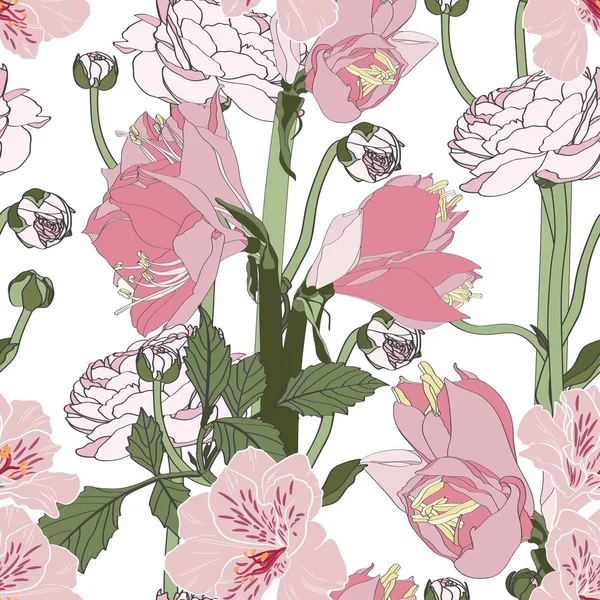 Seamless Pattern Vintage Pink Flowers Floral Background — 스톡 벡터
