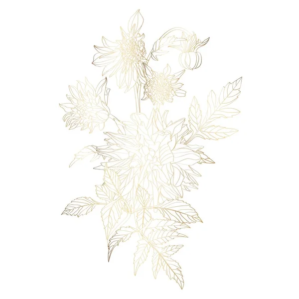 Hand Drawn Summer Golden Bouquet Rustic Dahlia Line Art Hand — 图库矢量图片