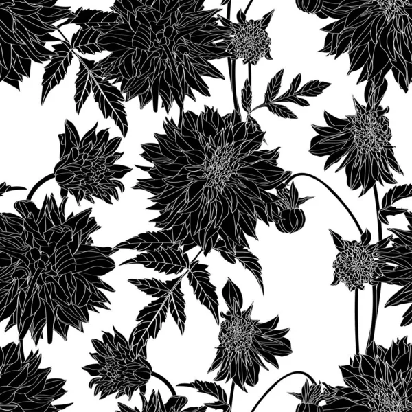 Dahlie Bezešvé Vzor Černé Bílé Čáry Dahlia Květiny Květinové Pozadí — Stockový vektor