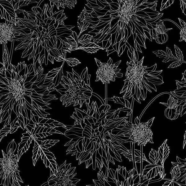 Dahlia Seamless Pattern Black White Line Dahlia Flowers Floral Background — Stock Vector