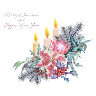 Christmas bouquets arranged from wintwe flowers, fir branch, holly, mix of plants and berries. Happy holiday greenery and candles. Watercolor style set. All elements are isolated