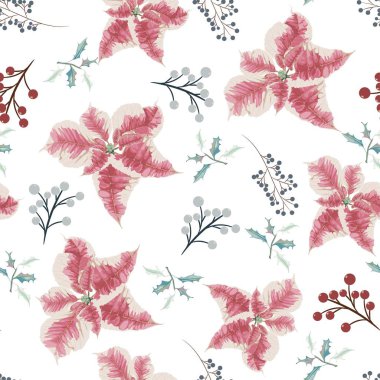 Christmas holly berries and poinsettia seamless pattern illustration. Watercolor style.