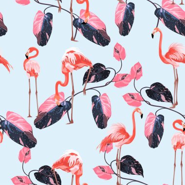 Pink flamingo, white background. Floral seamless pattern. Tropical illustration. Exotic plants, birds. Summer beach design. Paradise nature.
