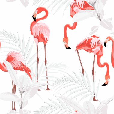 Pink flamingo, white background. Floral seamless pattern. Tropical illustration. Exotic plants, birds. Summer beach design. Paradise nature.