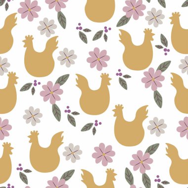 Vector seamless pattern with chicken couple for Easter and other users. Design element. Ethnics motives.