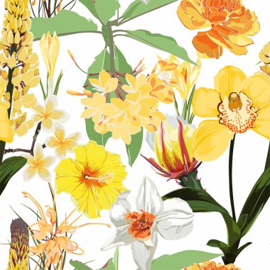 Seamless floral pattern with many kind of yellow flowers: orchids, plumeria, tulips, narcissus on white background. Vector illustration.