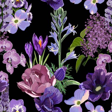 Seamless floral pattern with many kind of violet flowers: rchid, lilac, peony, lupines on black background. Vector illustration.