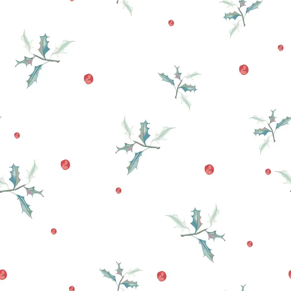 Χριστούγεννα Holly Μούρα Απρόσκοπτη Απεικόνιση Μοτίβο Στυλ Ακουαρέλας Λευκό Φόντο — Διανυσματικό Αρχείο