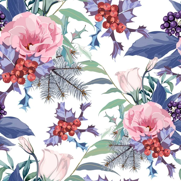 Elegant Seamless Pattern Parts Winter Plants Flowers Poinsettia Mistletoe Branches — Stock vektor
