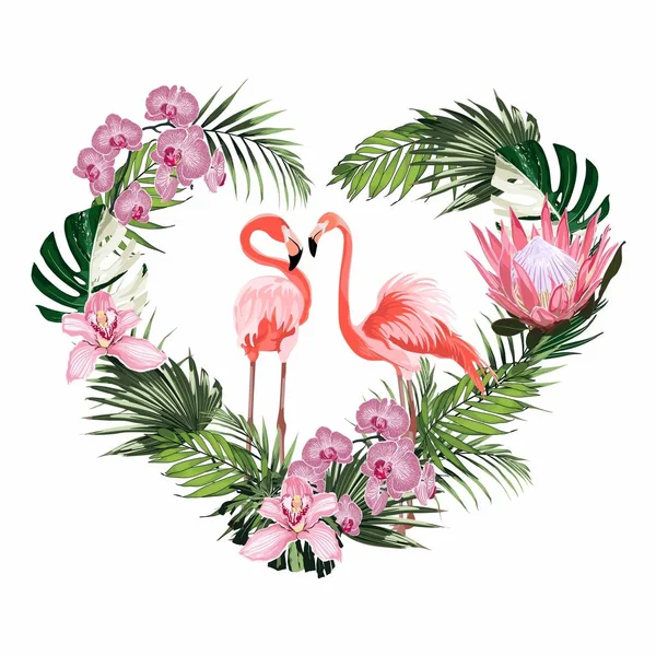 Exótica Pareja Pájaros Flamencos Rosados Beal Pico Forma Corazón Temporada — Vector de stock