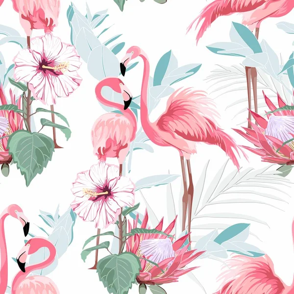 Pink flamingo, white background. Floral seamless pattern. Tropical illustration. Exotic plants, birds. Summer beach design. Paradise nature.