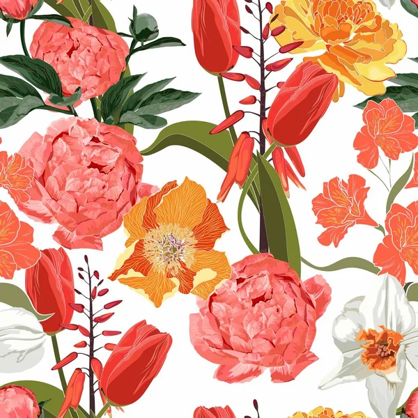 Απρόσκοπτη Floral Μοτίβο Πολλά Είδη Βιολετί Λουλούδια Rchid Πασχαλιές Παιώνια — Διανυσματικό Αρχείο
