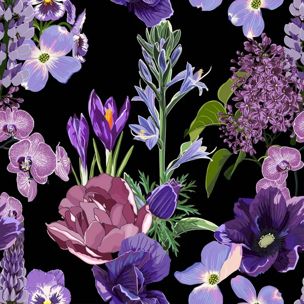 Seamless Floral Pattern Many Kind Violet Flowers Rchid Lilac Peony — ストックベクタ