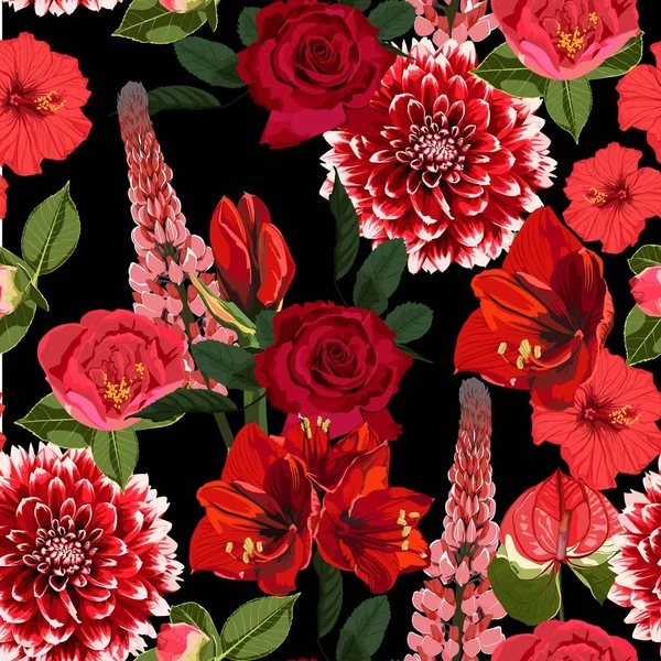 Naadloos Bloemenpatroon Met Vele Soorten Rode Bloemen Rozen Lelies Pioenroos — Stockvector