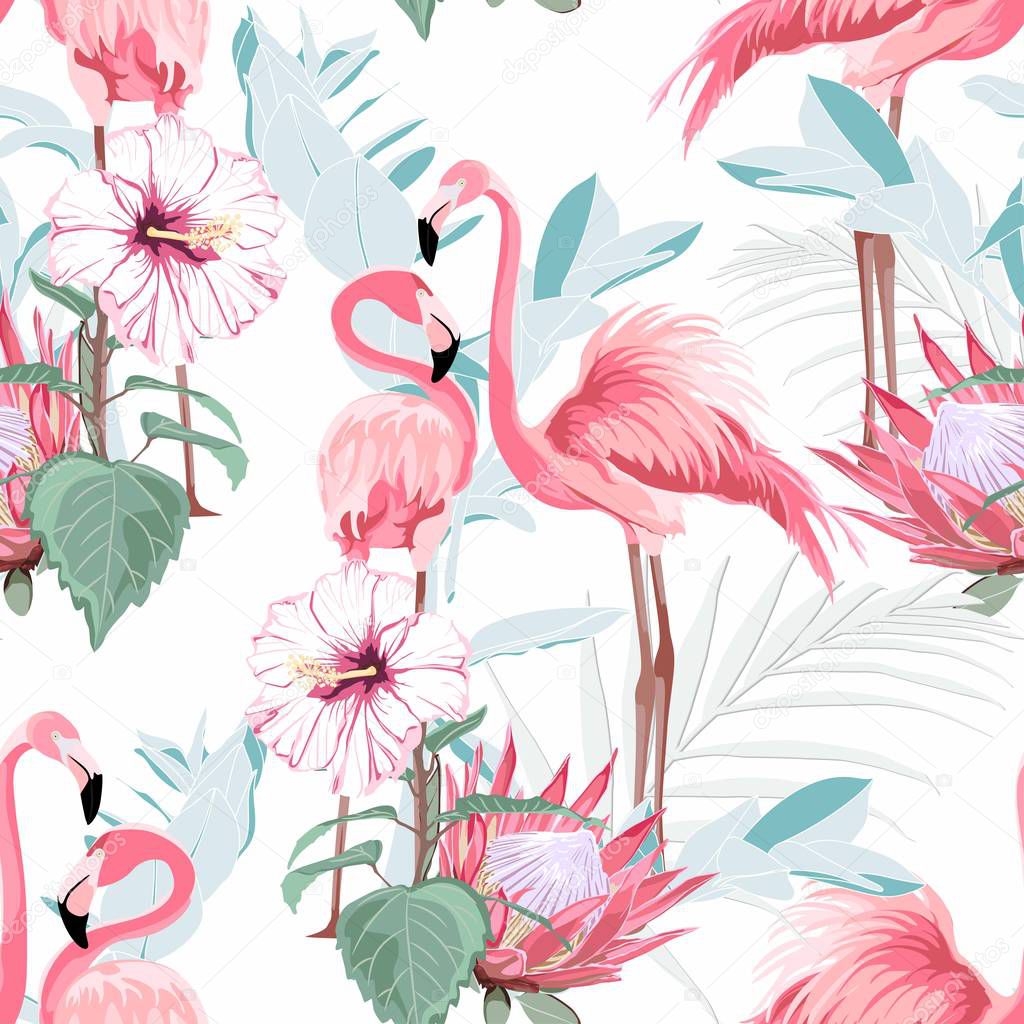 Pink flamingo, white background. Floral seamless pattern. Tropical illustration. Exotic plants, birds. Summer beach design. Paradise nature.