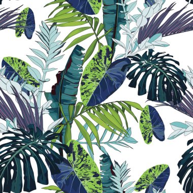Exotic leaves and branches, many kinds of plants seamless pattern. White background.