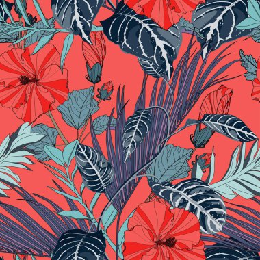 Exotic leaves, blue liana branches, hibiscus flower branch and many kinds of plants seamless pattern. 