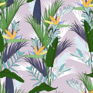 Beach cheerful seamless pattern wallpaper of tropical green leaves of palm trees and flowers bird of paradise (strelitzia) plumeria on a violet background.