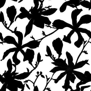 Tropic summer painting seamless pattern with exotic nagnolia branch silhouette. Trendy exotic flower wallpaper on white background.