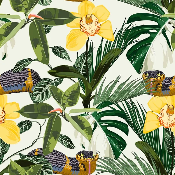 Tropické Květinové Léto Bezešvé Vzor Pozadí Žlutými Orchidej Květiny Větev — Stockový vektor
