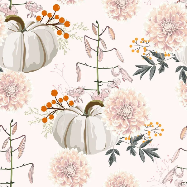 Automne Blanc Beige Fleurs Dahlia Herbes Champignons Motif Sans Couture — Image vectorielle