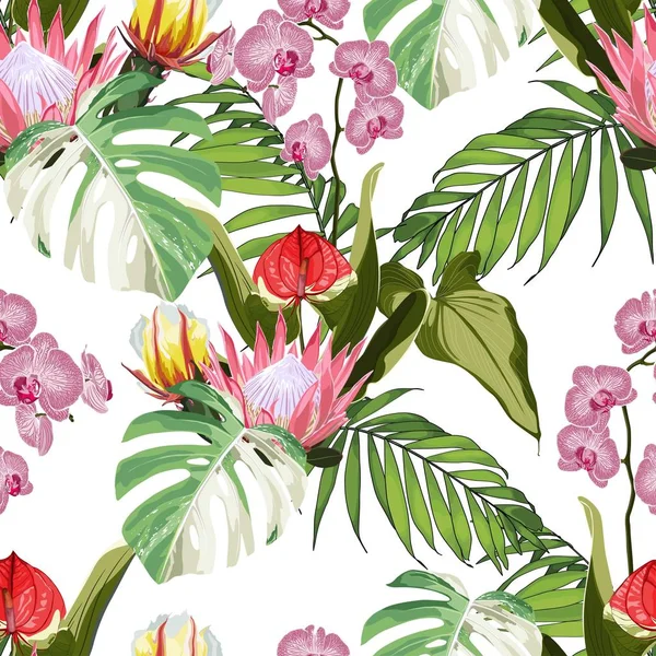 Tropical exotic flowers, palm trees floral seamless pattern white background. Exotic jungle wallpaper.