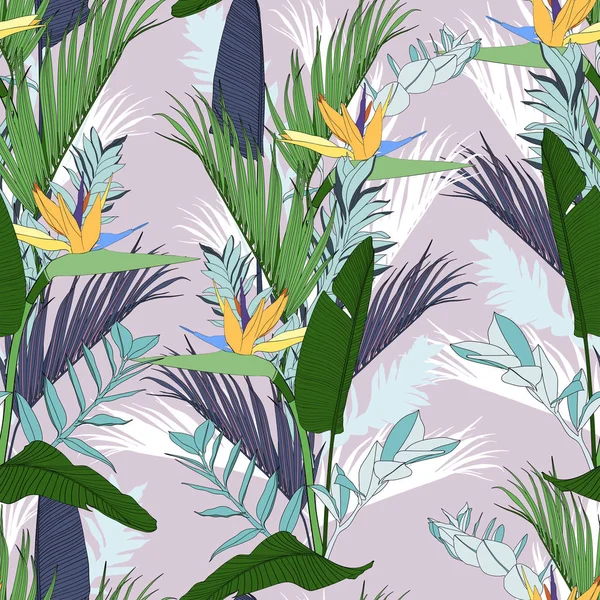 Beach cheerful seamless pattern wallpaper of tropical green leaves of palm trees and flowers bird of paradise (strelitzia) plumeria on a violet background.