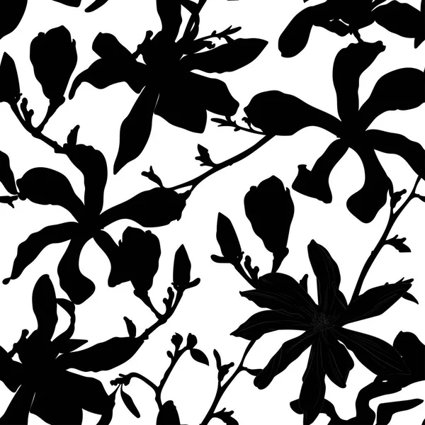 Tropic summer painting seamless pattern with exotic nagnolia branch silhouette. Trendy exotic flower wallpaper on white background.