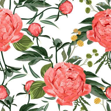 Floral Seamless Pattern with Coral Orange Peonies and herbs. Spring Blooming Flowers on White Background