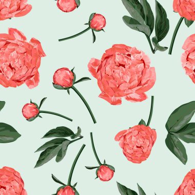 Floral Seamless Pattern with Coral Orange Peonies and leaves. Spring Blooming Flowers on Vintage blue Background.