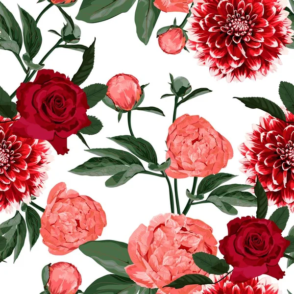 Цветочный Бесшовный Узор Коралловыми Оранжевыми Пионами Розами Далией Цветущие Весной — стоковый вектор