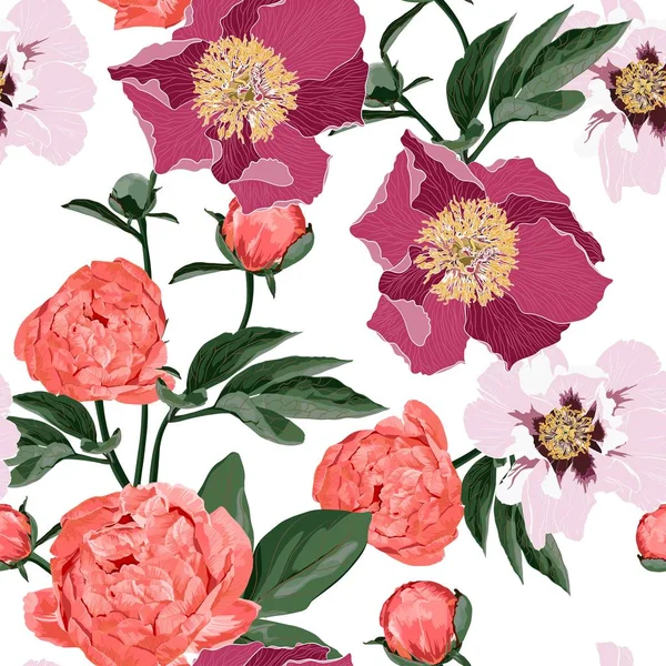 Floral Seamless Pattern Coral Orange Pink Violet Peonies Herbs Spring — Stock vektor