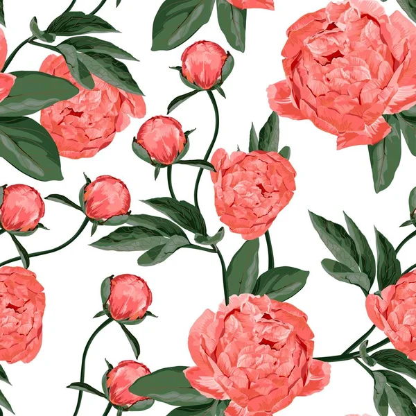 Floral Seamless Pattern Coral Orange Peonies Spring Blooming Flowers Background — Stok Vektör