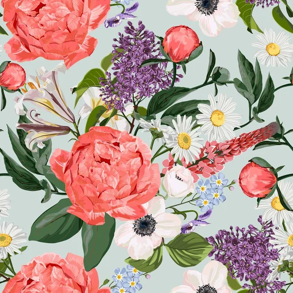 Floral Seamless Pattern Coral Orange Peonies Spring Flowers Leaves Spring — 스톡 벡터