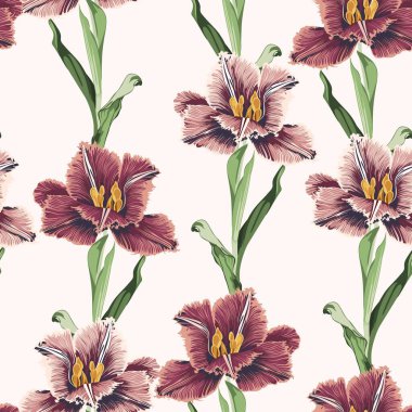 Spring flowers. Flower vintage seamless pattern. Oriental style. Tulips on beige background. Colorful backdrop for textiles, paper, wallpaper.