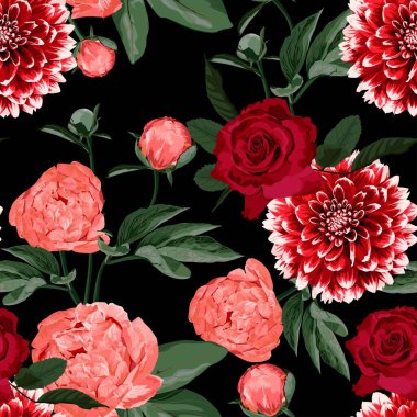 Çiçeksiz desenli mercan turuncu şakayık ve güller. Bahar Çiçekleri Kumaş, Baskı, Dekorasyon, Davetiye, Duvar Kâğıtları, Paket Kağıdı. Siyah arkaplan.