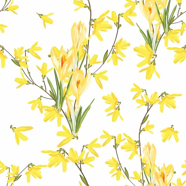 黄色の花や緑の葉の枝を咲かせるシームレスな花模様 Forsysia Crocus Flowers — ストックベクタ