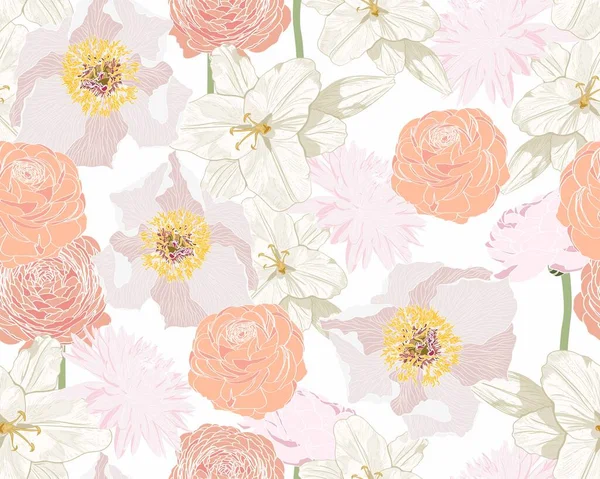 Floral Αδιάλειπτη Μοτίβο Όμορφη Άνοιξη Καλοκαίρι Φόντο Λουλούδια Κήπο Γραμμή — Διανυσματικό Αρχείο