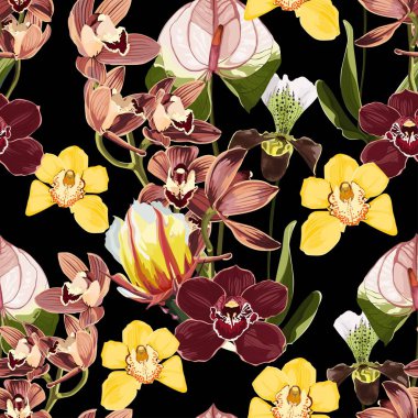Watercolor style yellow, brown, bordo orchid flowers seamless pattern. Decorative background in rustic boho style for wedding invite, fabric.