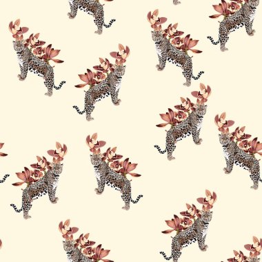 Tropikal klasik bej kahverengi orkide çiçeği ve Lopard hayvani desenli, sarı arkaplan. Egzotik orman duvar kağıdı. Tekstil, elbise, duvar kağıdı, ev tasarımı için kullan.