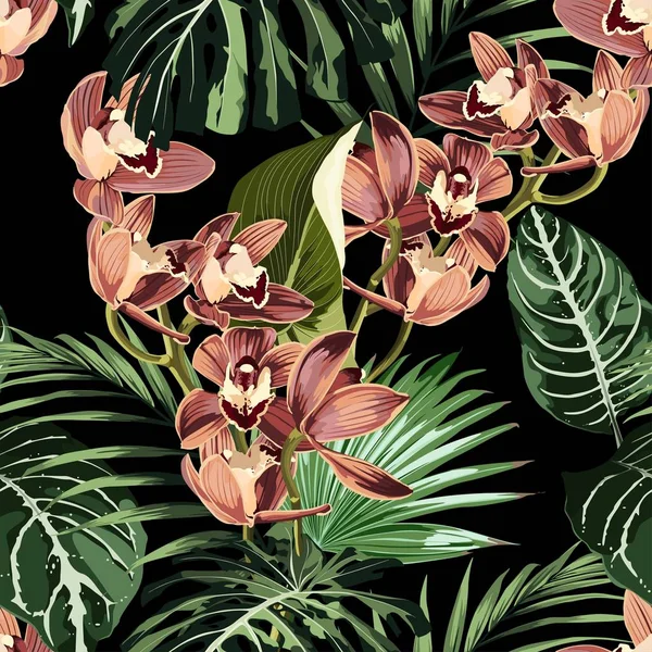 Tropikalne Piękne Kwiaty Ładny Wzór Płynne Słodkie Orchidee Tropikalne Liście — Wektor stockowy